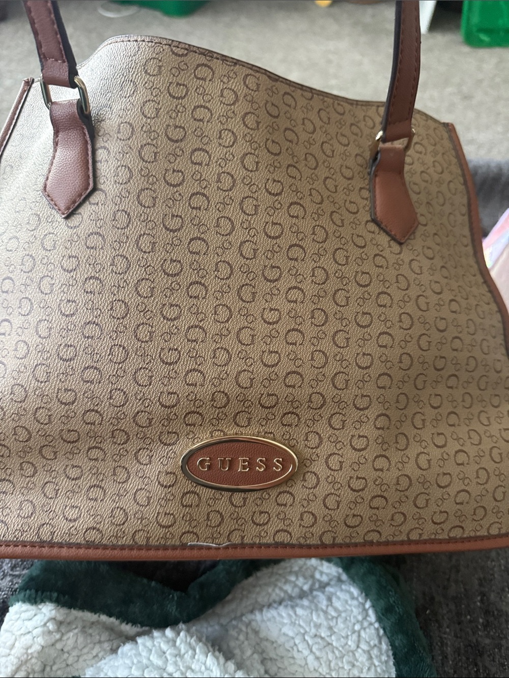 GUESS Brown Tan Signature Logo Tote with Leather Trim